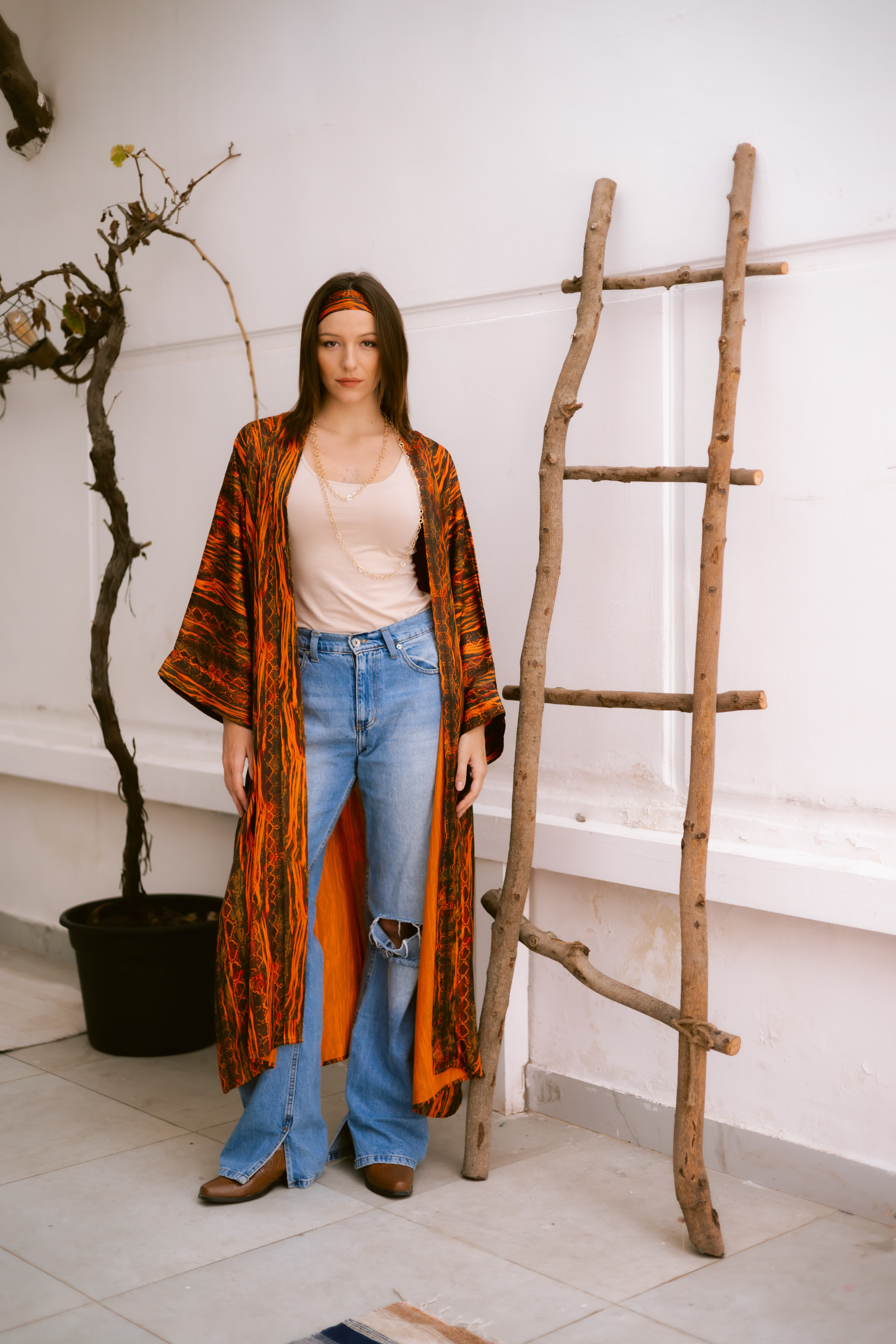 Orange satin kimono