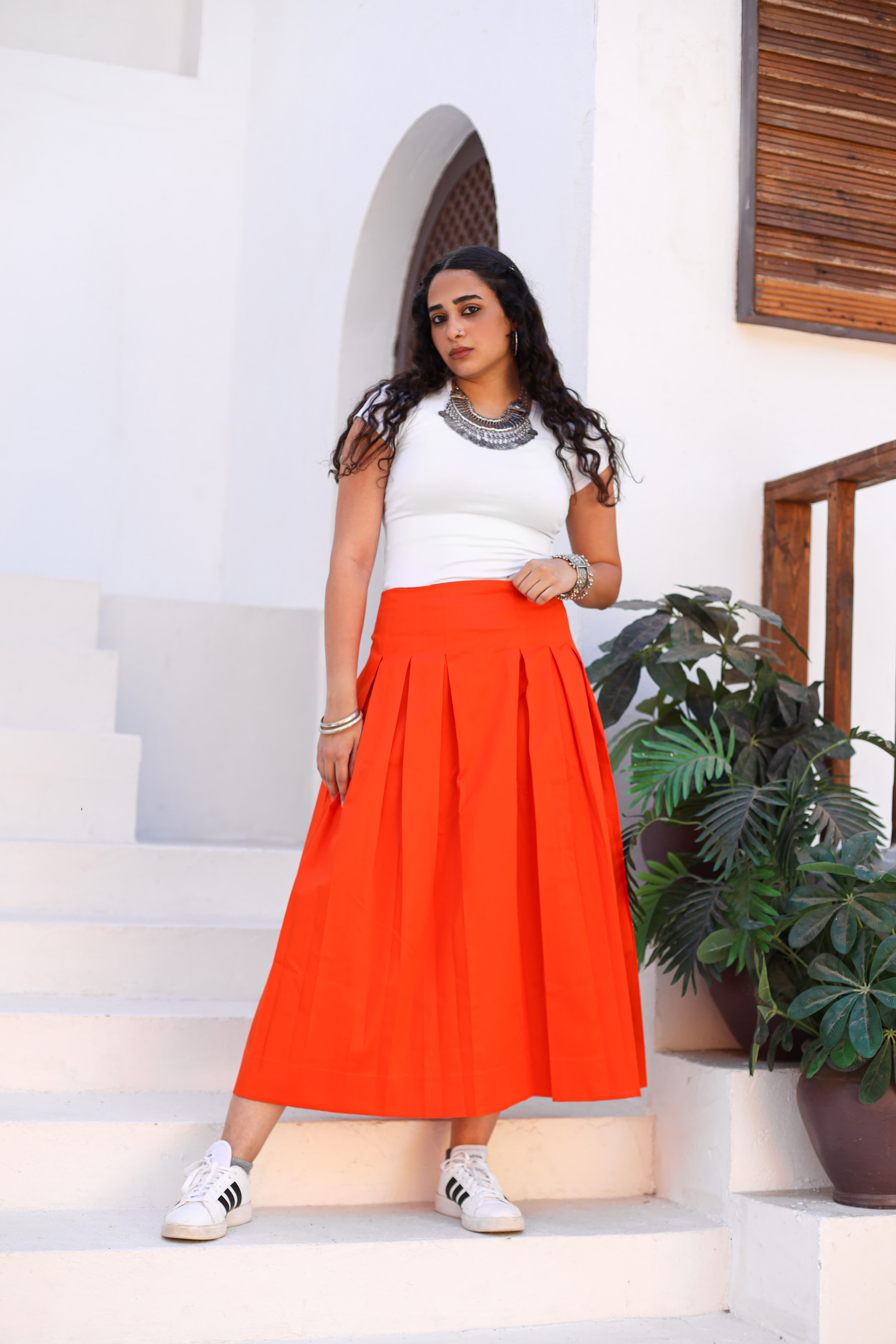 Orange wide boxes skirt